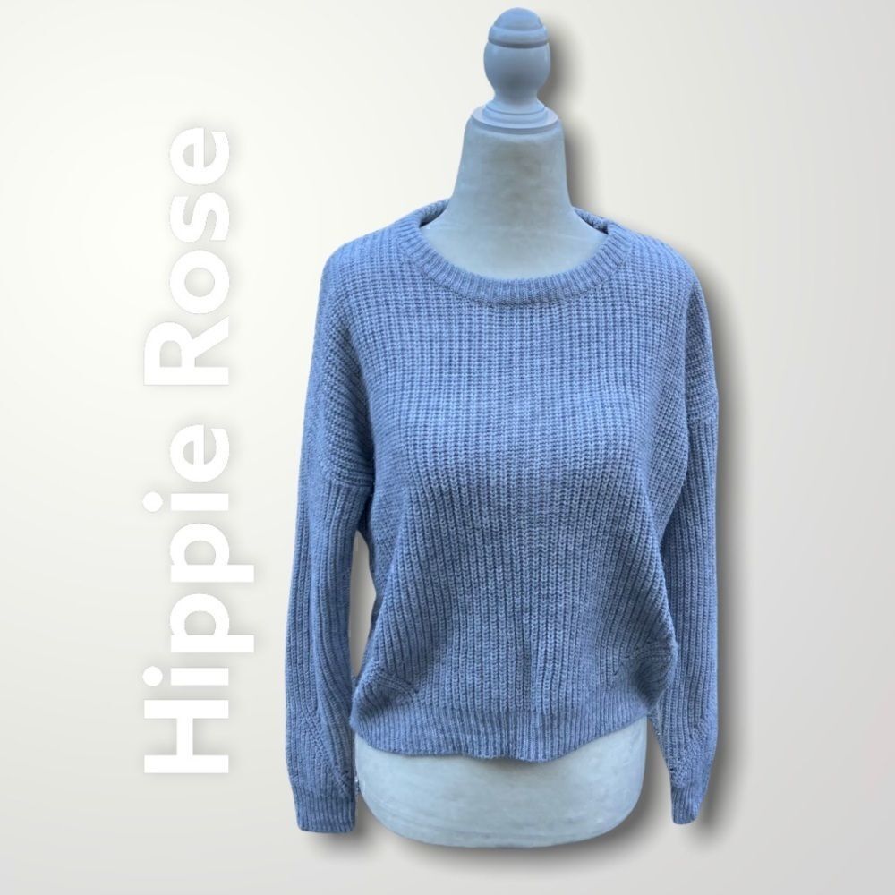 Hippie Rose, Gray Knit Sweater, Open Cut Out Back, Loose Weave Accents, Acrylic
